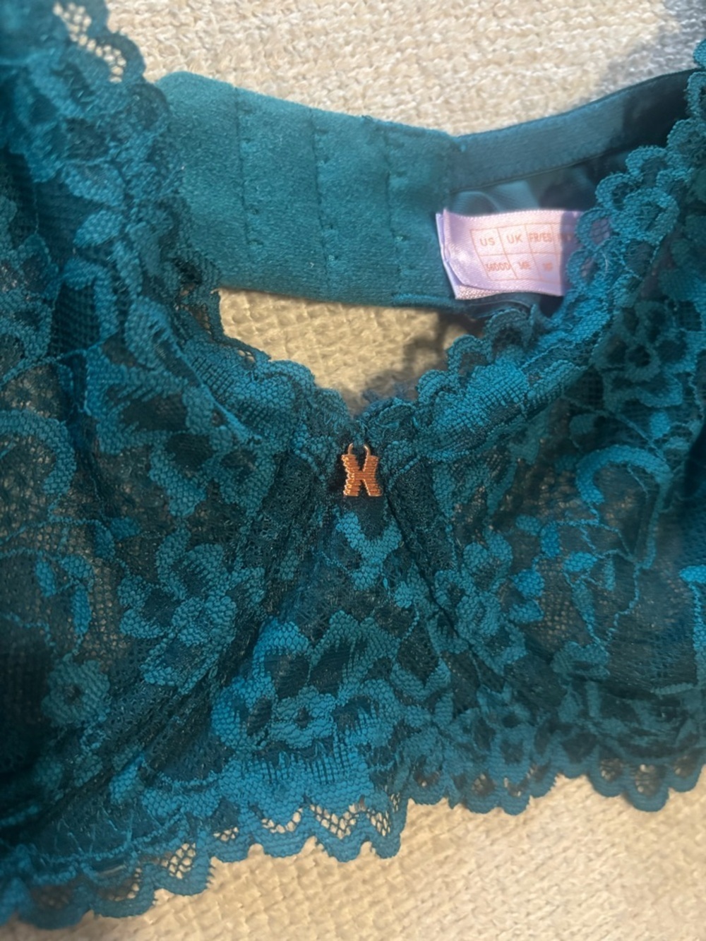 Savage X Fenty Lace Underwire Bra 36DD Teal Green Floral Unlined Lingerie - Picture 2 of 4